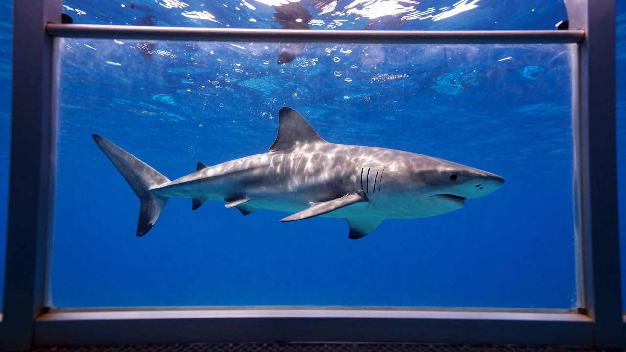 A large shark swimming past a plexiglass diving cage in the deep blue ocean