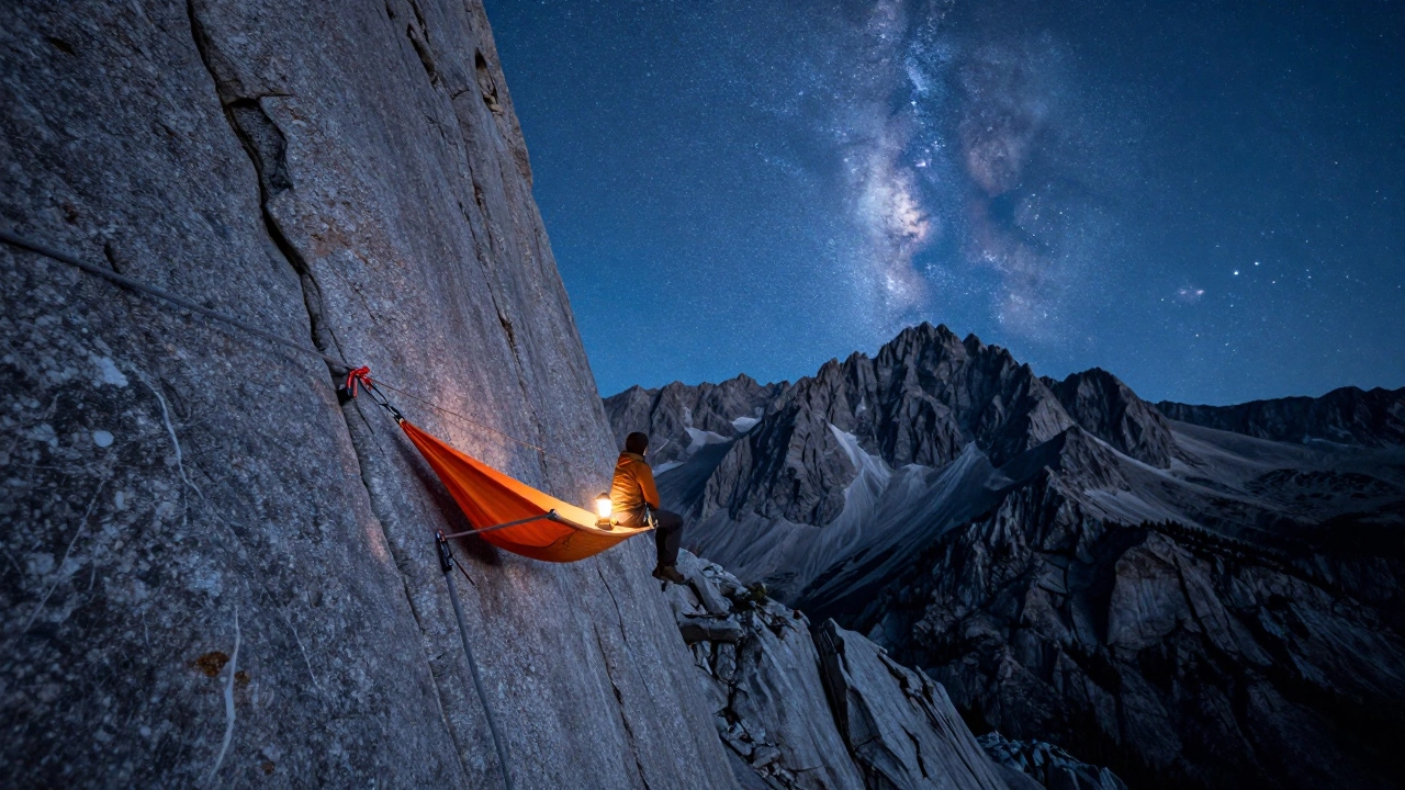 A person resting on a portaledge hanging from a steep cliff face under a starry night sky
