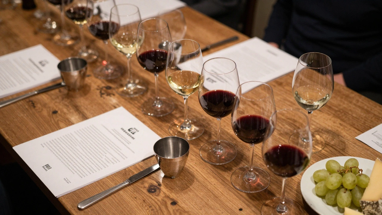 A row of different wines and tasting booklets on a wooden table for a master class