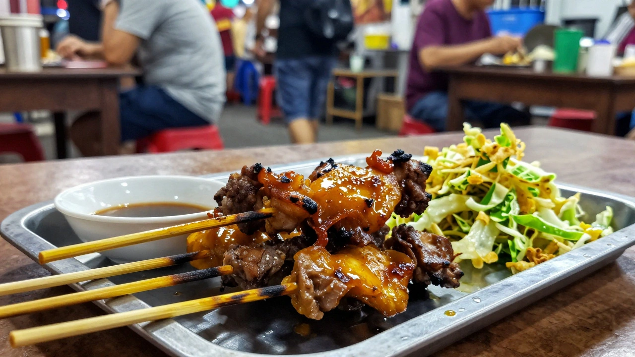 Close-up of grilled Indonesian chicken and beef skewers with fried cabbage