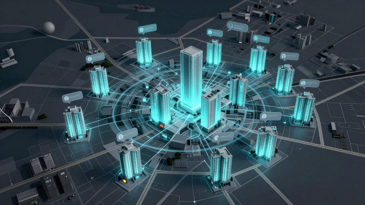 Digital network overlay on a map of Hong Kong apartments