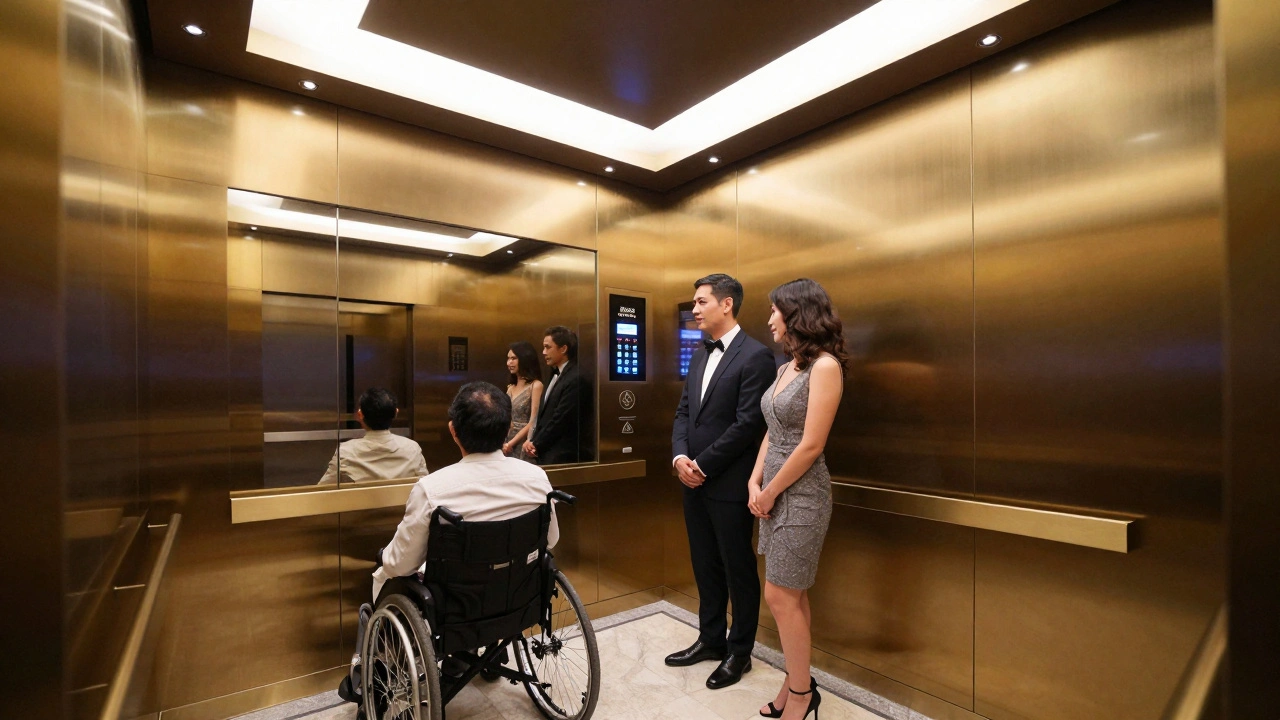 Elegant high-speed elevator interior with diverse guests including a person in a wheelchair.