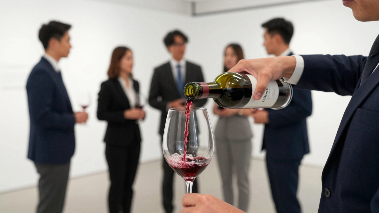 Professional sommelier pouring red wine for guests at a corporate event