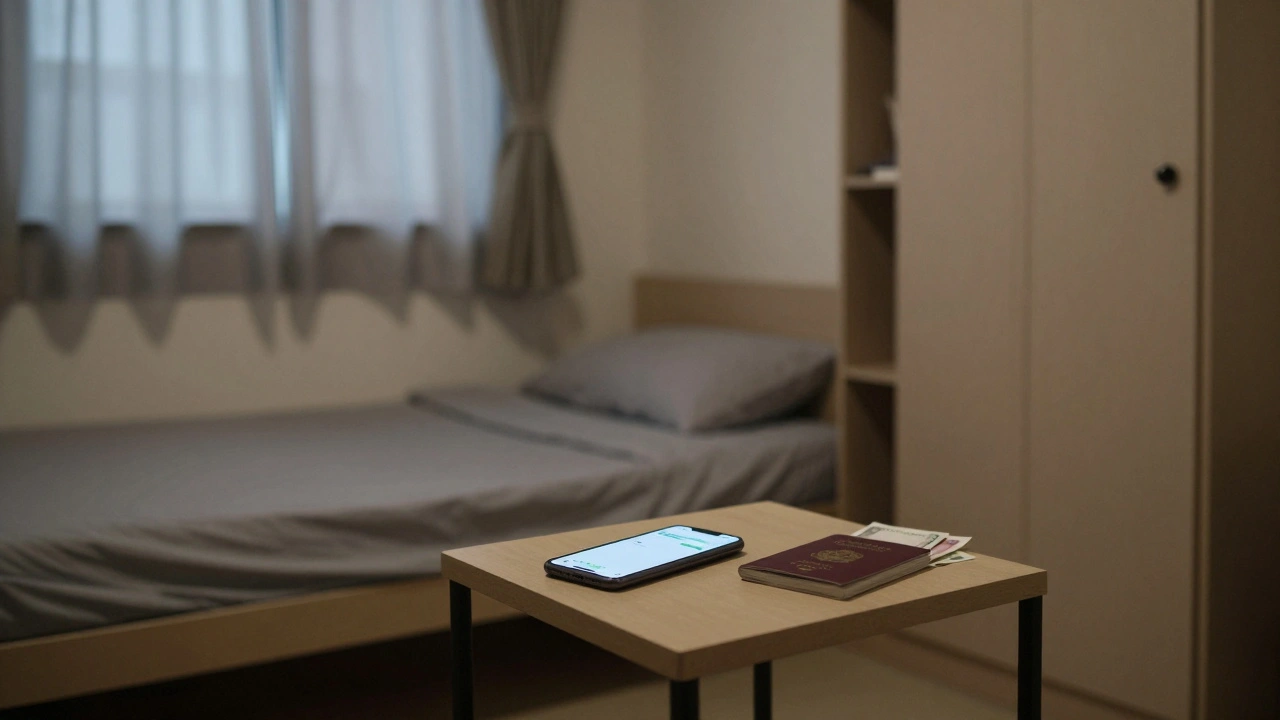 Smartphone and passport on a table inside a small Hong Kong flat