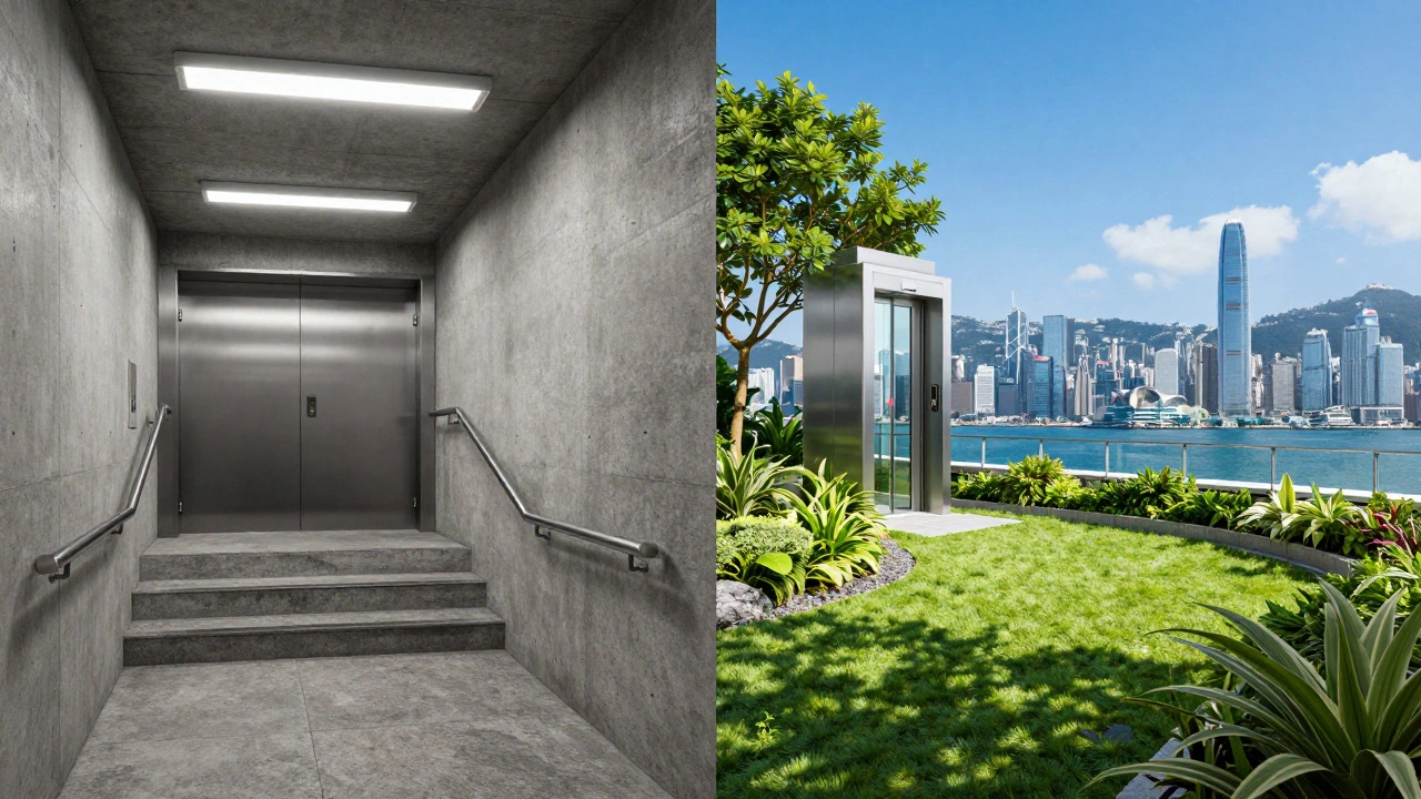 Split composition showing a grey industrial stairwell versus a lush rooftop garden with city views.