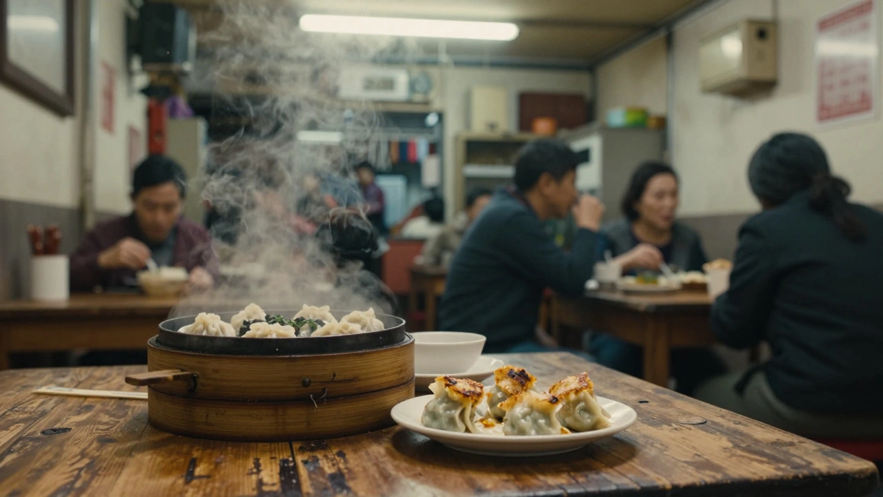 Steaming pan-fried dumplings on a wooden communal table in a traditional shop